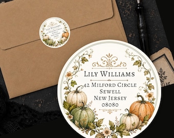 Personalized Pumpkin Return Address Labels Vintage Autumn Floral Fall Harvest Custom Round Stickers