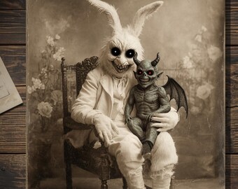 Vintage Victorian Easter Bunny With Demon Child Portrait Card Gothic Antique Style Art Blank Inside