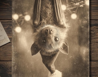 Vintage Victorian Bat in Santa Hat Christmas Card Gothic Holiday Art Antique Style Photography Blank Inside