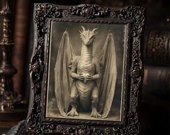 Vintage Dragon Holding Heart Valentine Print Gothic Fantasy Art Antique Style Wall Decor