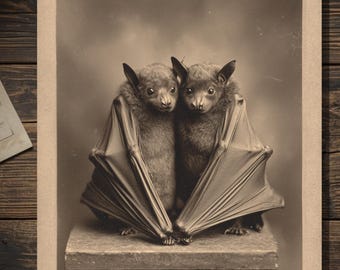 Vintage Victorian Bat Couple Love Greeting Card Gothic Animal Portrait Antique Style Photography Blank Inside