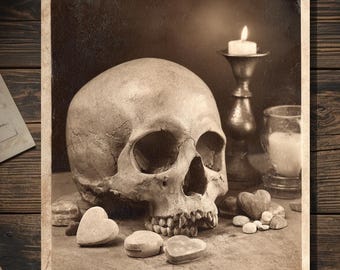 Vintage Victorian Skull with Candy Hearts Valentine Card Gothic Macabre Antique Still Life Cabinet Photo Blank Inside