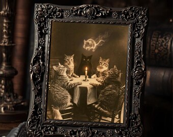 Vintage Victorian Cat Seance Halloween Art Print Ghost Mouse Gothic Antique Style Photography Spooky Wall Decor