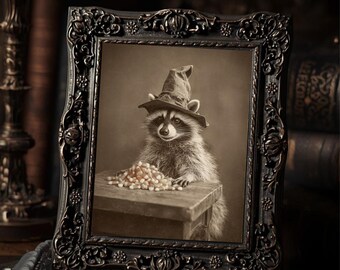 Vintage Raccoon Candy Corn Wall Art Creepy Cute Gothic Halloween Print