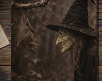 Vintage Victorian Witch Bat Halloween Card Gothic Forest Antique Style Photography Blank Inside