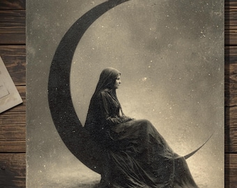 Gothic Moon Goddess Card Victorian Style Dark Lunar Priestess Blank Inside