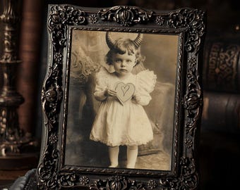 Victorian Demon Horn Girl Holding Heart Gothic Dark Valentine  Art Print Creepy Cute Antique Style Wall Decor