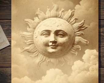 Vintage Sun Face Greeting Card Celestial Gothic Sun Art Sepia Cloud Sky Illustration Blank Inside