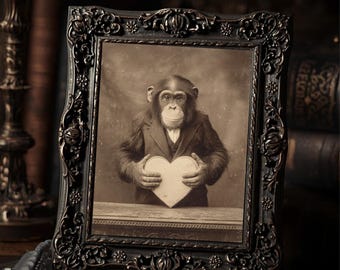 Vintage Chimpanzee with Heart Print Victorian Romantic Wall Art