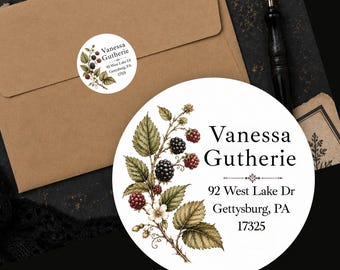 Personalized Vintage Blackberry Return Address Labels Botanical Berry Floral Custom Round Stickers