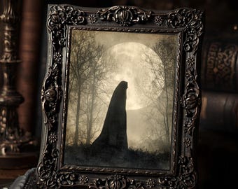 Cloaked Figure Under Full Moon Wall Art Print  Gothic Dark Fantasy Sepia Night Forest Decor