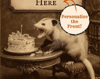 Personalized Vintage Victorian Opossum Birthday Card Custom Message Funny Possum Cake Weird Animal Greeting