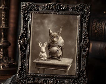 Vintage Gothic Easter Bat and Rabbit Print Victorian Style Dark Holiday Gift Wall Art