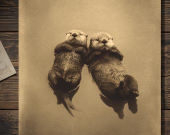 Vintage Victorian Otter Pair Love Valentines Day Card Gothic Animal Antique Style Photography Blank Inside