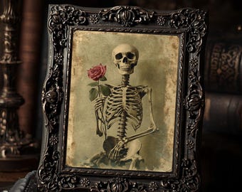Skeleton Holding Rose Gothic Art Print  Vintage Style Macabre Romantic Dark Victorian Wall Decor