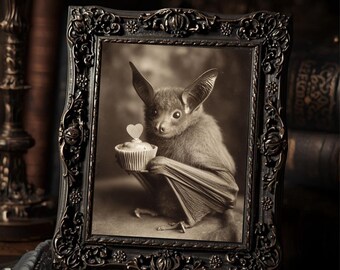 Gothic Bat With Cupcake Dark Cute Valentine  Art Print Sepia Vintage Macabre Romantic Oddities Wall Decor