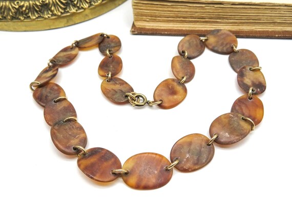 Vintage Brown Lucite Shell Look Gold Tone Chain C… - image 1
