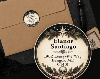 Personalized Gothic Christmas Return Address Labels Vintage Skull Holly Custom Round Stickers