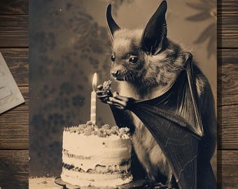 Vintage Victorian Bat Eating Birthday Cake Card Gothic Macabre Art Antique Style Photography Blank Inside