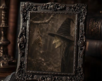 Vintage Victorian Witch Bat Halloween Art Print Gothic Forest Antique Style Photography Spooky Wall Decor