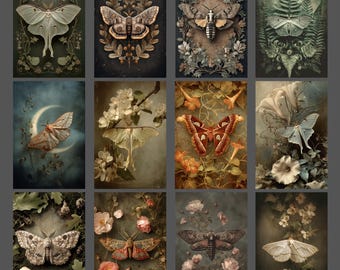 Victorian Moth Notecard Set of 12 Botanical Nature Stationery Antique Floral Blank Note Cards
