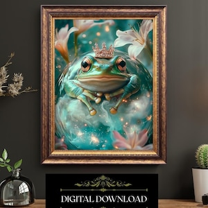 Whimsical Frog Prince Wall Art Digital Download Fantasy Crown Frog Printable Magical Fairytale Animal Artwork Enchanted Garden Decor