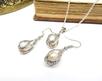 Retro Silver Tone White Faux Pearl Caged Pendant Necklace Earrings Set NN16