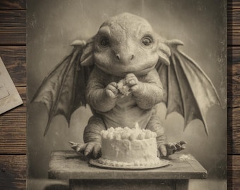 Vintage Baby Dragon Eating Cake Birthday Card Gothic Fantasy Art Antique Style Photography Blank Inside