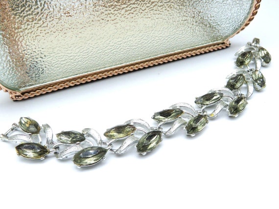 Vintage Silver Tone Green-Gray Rhinestone Vine Ch… - image 1