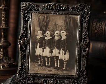 Vintage Girls In Bird Masks Gothic Wall Art Print  Creepy Antique Costume Photograph Weird Spooky Decor