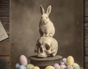 Vintage Gothic Bunny Skull Easter Card Victorian Style Photo Pastel Eggs Dark Spring Blank Inside