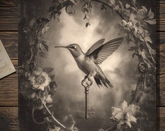 Vintage Victorian Hummingbird Key Card Gothic Nature Art Antique Style Photography Blank Inside