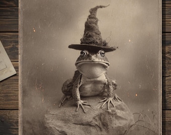Vintage Gothic Toad Halloween Card Witch Hat Frog Victorian Style Photo Blank Inside