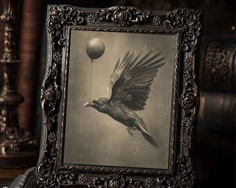 Victorian Gothic Raven Birthday Wall Print Dark Antique Bird With Balloon