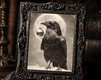 Gothic Raven With Ornament Winter Art Print  Dark Christmas Crow Moonlight Snowy Gothic Wall Decor