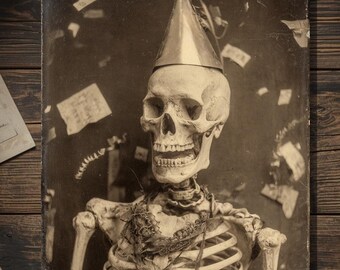 Vintage Victorian Party Skeleton New Year Card Gothic Macabre Art Antique Style Photography Blank Inside