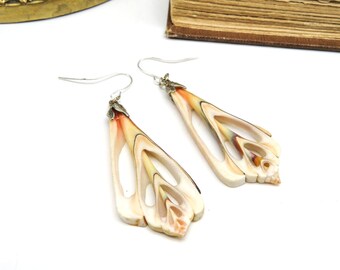 Boucles d'oreilles pendantes rétro rose pêche crème véritable coquillage I70