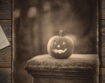 Gothic Jack O Lantern Halloween Greeting Card Vintage Sepia Creepy Pumpkin Photograph Spooky Gothic Stationery Blank Inside