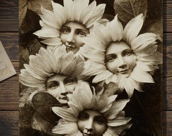 Vintage Victorian Flower Faces Card Gothic Surreal Art Antique Style Photography Blank Inside