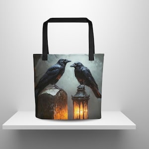 Gothic Ravens Lantern Tote Bag Gothic Crow Art Dark Fantasy Bag Occult Halloween Tote Witchy Aesthetic