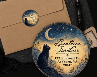 Personalized Black Cat Return Address Labels Vintage Celestial Moon Stars Custom Round Stickers