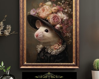 Victorian Lady Mouse Portrait Floral Hat Vintage Rodent Art Anthropomorphic Animal Fine Art Oil Style Print