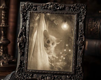 Gothic Christmas Bat Peeking From Curtain Dark Cute Winter  Art Print Sepia Vintage Macabre Holiday Wall Decor