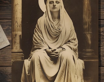 Mystical Woman With Crescent Moon Greeting Card Vintage Sepia Goddess High Priestess Photograph Blank Inside