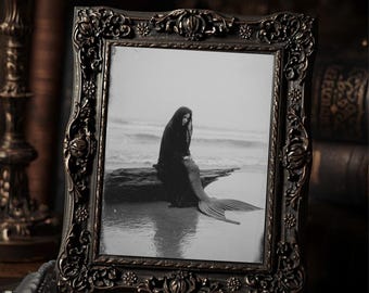 Vintage Victorian Mourning Mermaid Gothic Sea Siren Black and White Antique Wall Art  Print