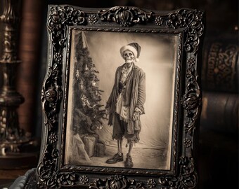 Vintage Victorian Skeleton Christmas Santa Hat Gothic Undead Holiday Wall Art Print