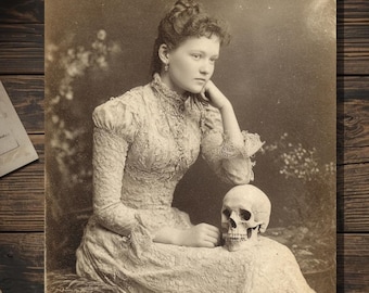Victorian Woman With Skull Thinking Of You Card Gothic Cabinet Card Style Sepia Antique Photography Macabre Mourning Art Blank Inside