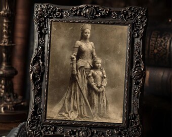 Vintage Victorian Warrior Mother and Child Print Gothic Wall Art Antique Style Photography Dark Whimsical Decor