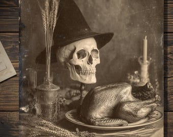 Vintage Gothic Thanksgiving Skull Card Victorian Style Dark Harvest Dinner Blank Inside