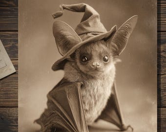 Vintage Victorian Bat Witch Hat Halloween Card Gothic Antique Style Photography Blank Inside